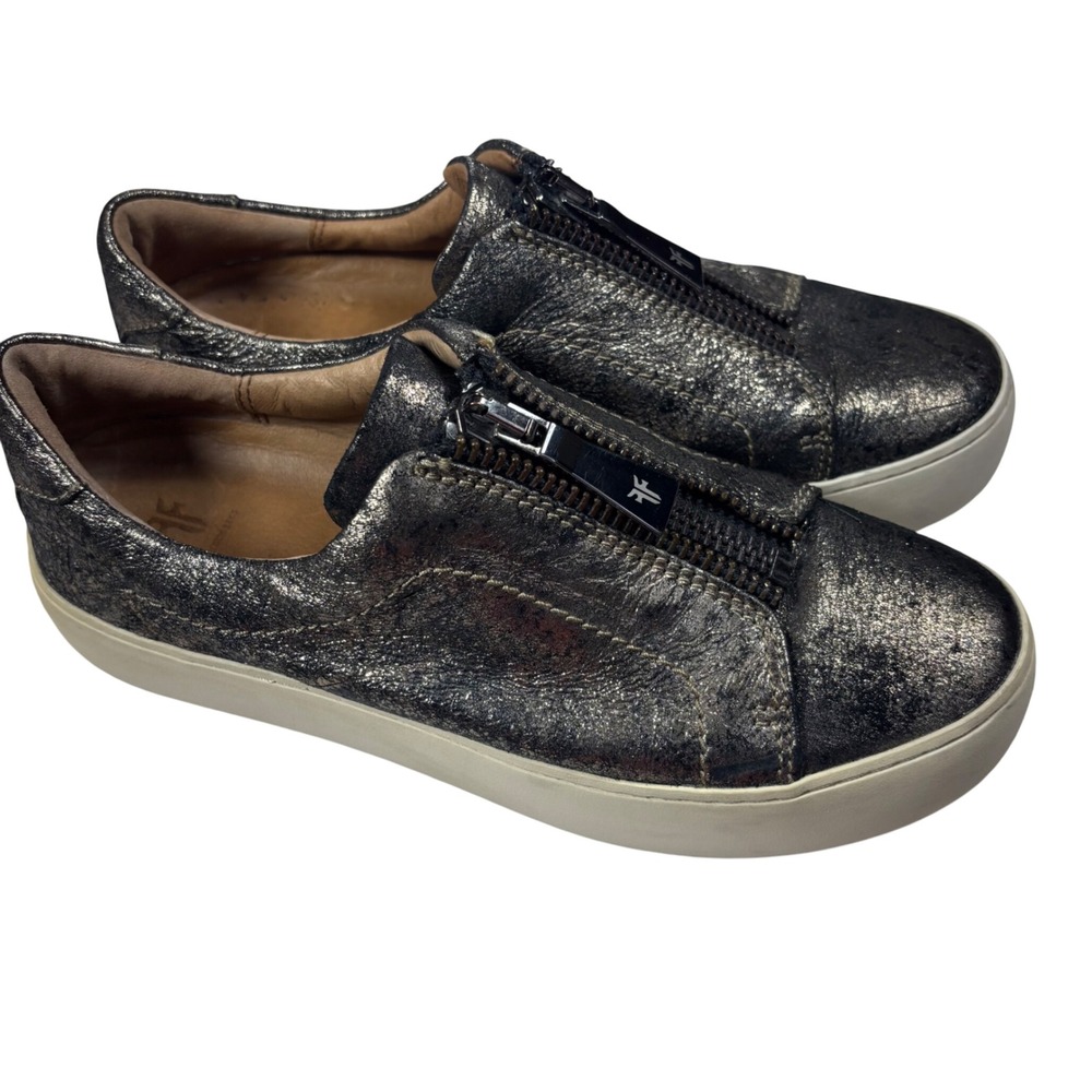 Frye‎ Women's 6.5 Leather Sneakers Metallic Bronze Zip Front Casual Shoes Flaw